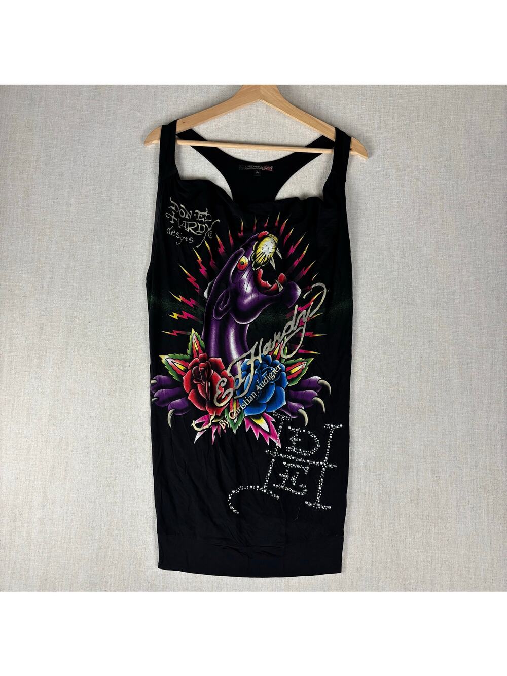 Ed Hardy Y2K Christian Audigier NWT Panther Rhinestone Viscose Large Mini Dress